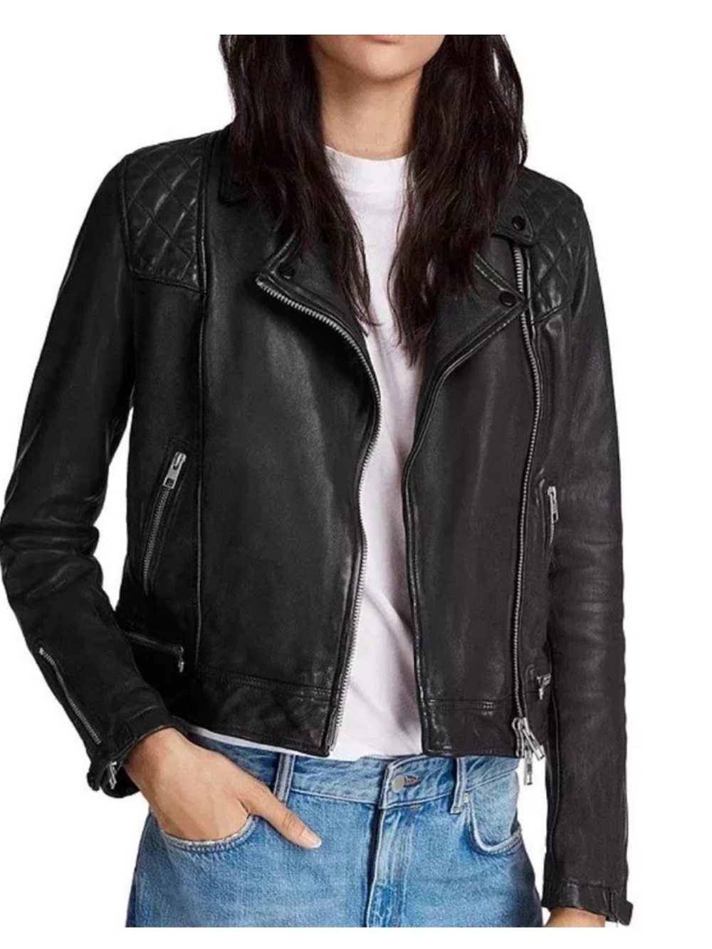 All Saints Black Leather Quilted Shoulder Jacket with Silver Hardware - Picture 3 of 8